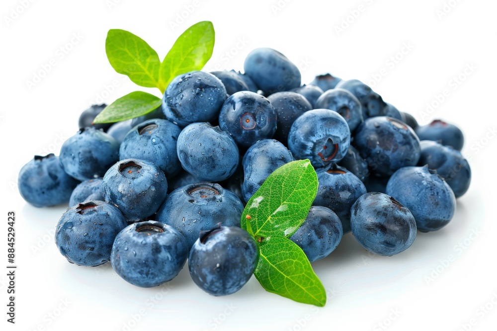 Fresh blueberries with green leaves on a white background. Fresh blueberries with green leaves on a white background.