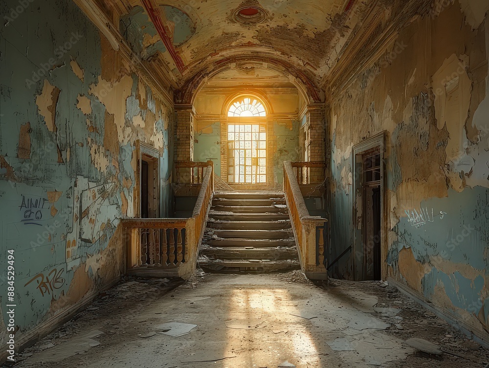 Abandoned building with peeling paint, a grand staircase, and sunlight streaming through a window. Abandoned building with peeling paint, a grand staircase, and sunlight streaming through a window.