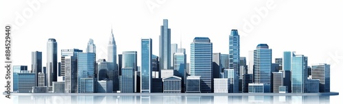 A 3D vector realistic rendering of a modern city skyline featuring various skyscrapers and high-rise buildings.