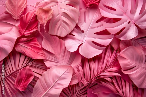 Vibrant pink tropical leaves arranged in an artistic pattern.