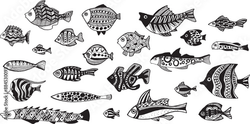 set of stylized abstract fish. Children's drawing. Doodle vector drawing