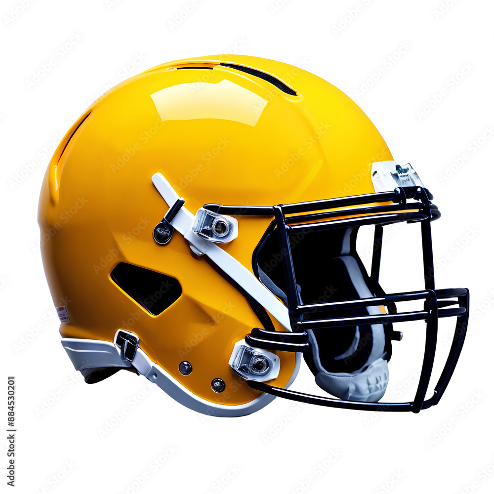 Fototapeta premium Yellow American football helmet with white and black accents on a black background.