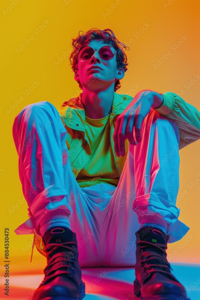 Fototapeta premium Young Man Recording Audio Drama in Neon Light