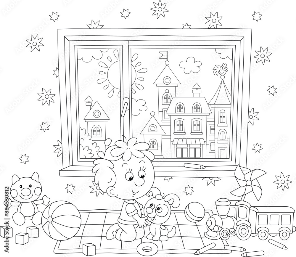 Φωτογραφία Happy little boy romping and playing with his merry puppy among toys in a nurser
