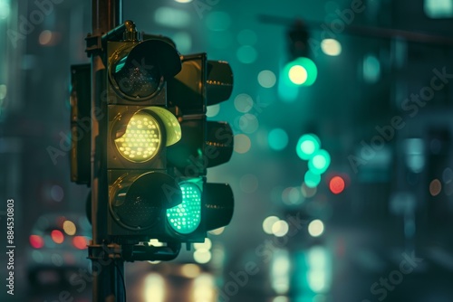 Illuminated green traffic light with blurred city background in the evening photo