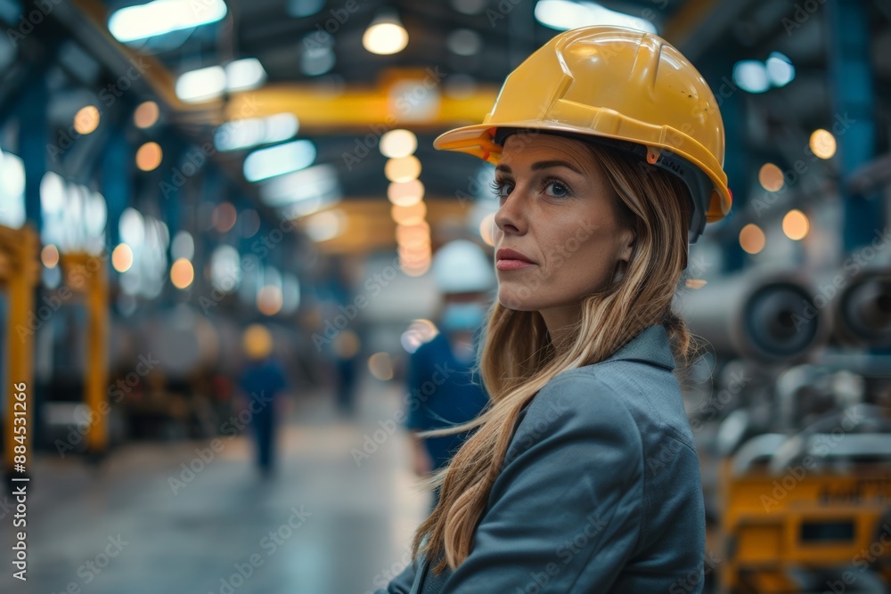 Young female engineer reviewing blueprints in a factory, demonstrating focus and precision. Young female engineer reviewing blueprints in a factory, demonstrating focus and precision.