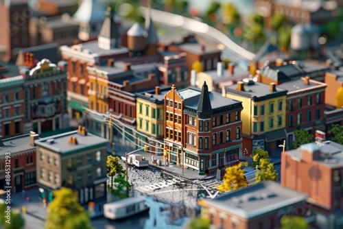 Fototapeta Naklejka Na Ścianę i Meble -  Detailed miniature model city featuring colorful buildings, streets, and a tram