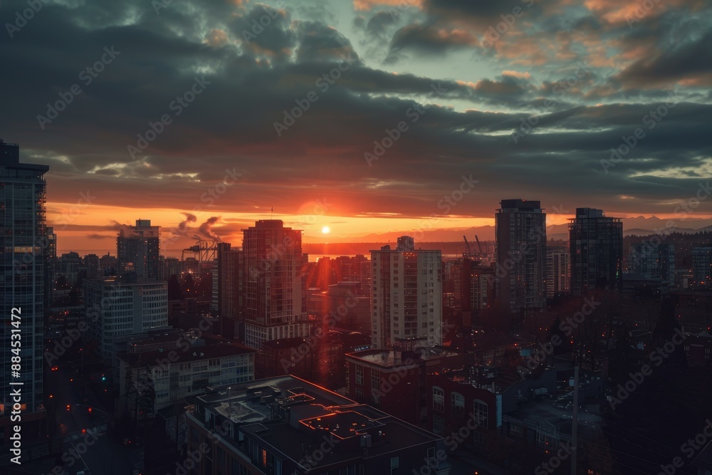 Panoramic view of a city silhouette against a vivid sunset sky with clouds Panoramic view of a city silhouette against a vivid sunset sky with clouds