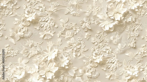 Beige tone fine lace texture with seamless beautiful vintage floral and flower abstract pattern background. 