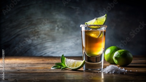 Traditional tequila shot with salt and lime on a wooden table