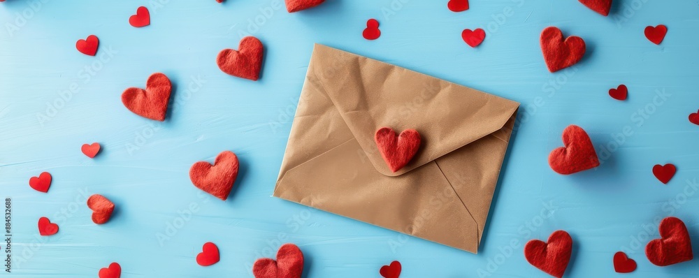 A brown envelope with red hearts on it sits on a blue background. Free copy space for text. A brown envelope with red hearts on it sits on a blue background. Free copy space for text.