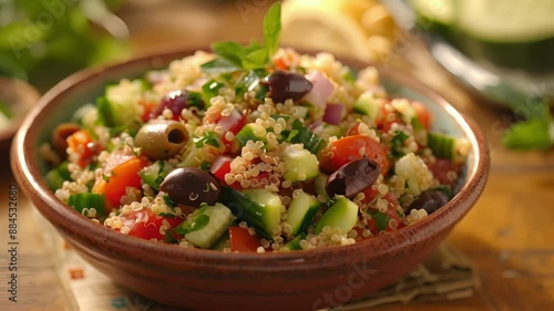 A filling and flavorful Greekinspired quinoa salad with cucumber tomato olives and a tangy lemon dressing. photo