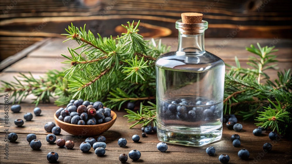 Clear bottle filled with homemade juniper berry infused gin on wooden table