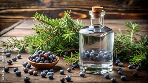 Obraz na płótnie Clear bottle filled with homemade juniper berry infused gin on wooden table w salonie