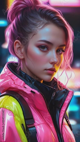 A young woman with pink hair and a pink and yellow jacket osing in a neon city. Her expression is serious and she is looking directly at the camera. Woman with cyberpunk style photo