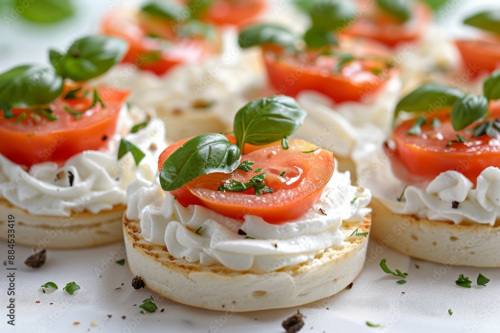 Elegant caprese salad bites with fresh tomatoes mozzarella and basil presented on a white platter for a sophisticated appetizer Elegant caprese salad bites with fresh tomatoes mozzarella and basil presented on a white platter for a sophisticated appetizer