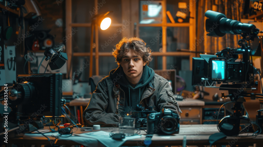 Young influencer sitting at a stylish desk, surrounded by creative tools and gadgets, mid-livestream with the camera facing them Young influencer sitting at a stylish desk, surrounded by creative tools and gadgets, mid-livestream with the camera facing them