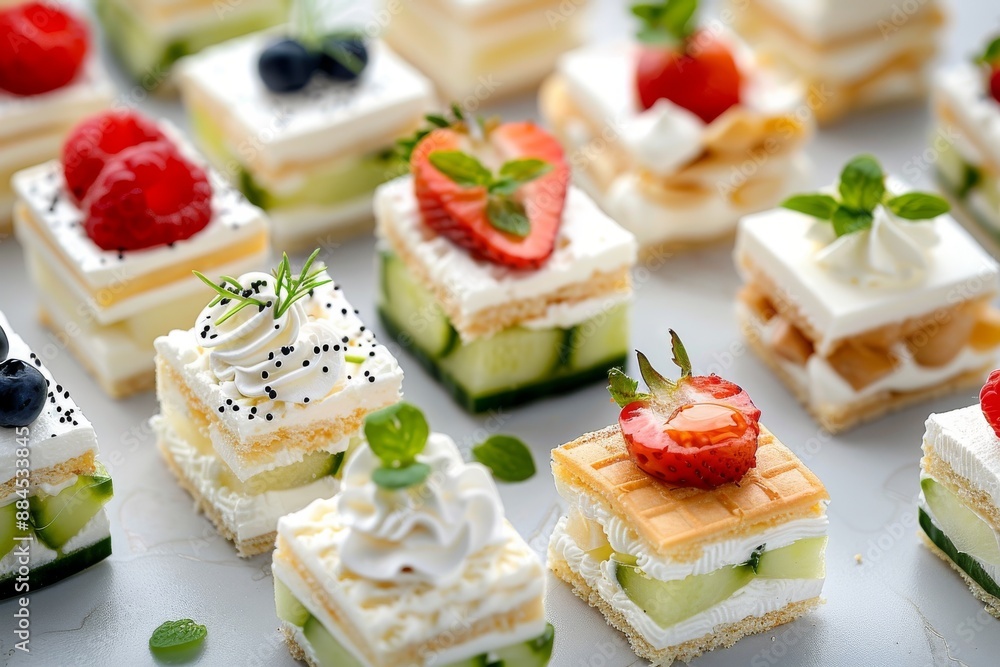A sophisticated selection of canapés with various toppings presented on a white surface showcasing refined and elegant appetizers A sophisticated selection of canapés with various toppings presented on a white surface showcasing refined and elegant appetizers