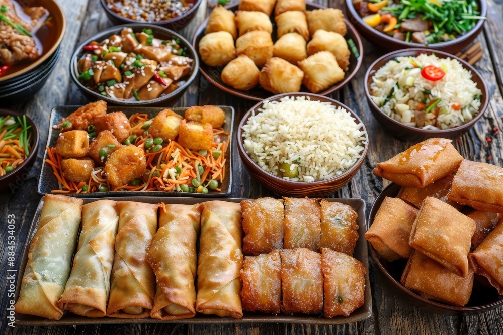 A diverse selection of savory pastries and spring rolls arranged on a rustic wooden surface showcasing a variety of textures and flavors A diverse selection of savory pastries and spring rolls arranged on a rustic wooden surface showcasing a variety of textures and flavors