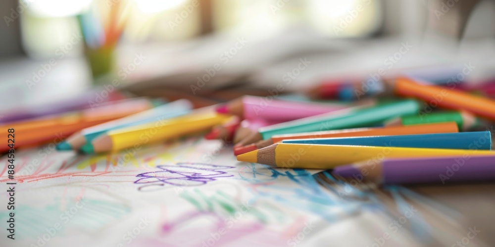 A photo of a messy table filled with colorful crayon drawings, crayons scattered around, capturing the essence of a child's creative space A photo of a messy table filled with colorful crayon drawings, crayons scattered around, capturing the essence of a child's creative space
