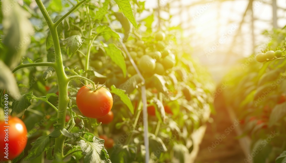 A photo of a modern greenhouse with automated irrigation systems and rows of perfectly aligned tomato plants bathed in warm sunlight