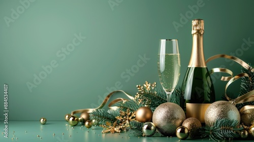 Festive Christmas background with a bottle of champagne, glasses with decorative elements, golden balls, Christmas tree and confetti. Merry Christmas and Happy New Year.