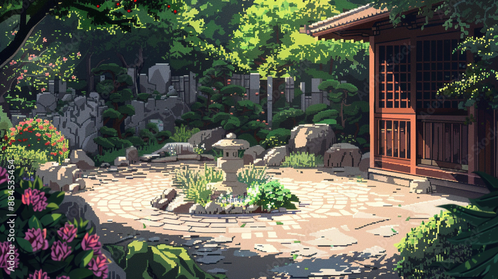 2d pixel art of japanese house with zen garden, japanese garden ...