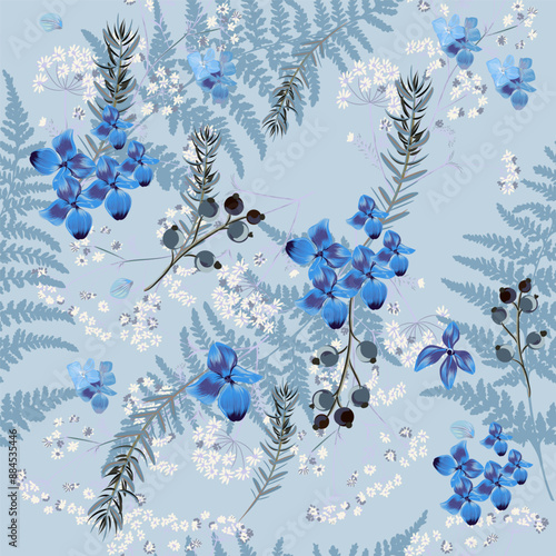 Fashion vector floral gentle blueberry pattern in pastel colors