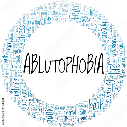 Ablutophobia: Fear of Bathing or Washing word cloud conceptual design isolated on white background. photo