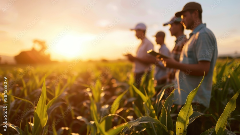 A photorealistic image of a diverse group of young farmers using digital tablets to analyze data in a lush green field at sunset A photorealistic image of a diverse group of young farmers using digital tablets to analyze data in a lush green field at sunset