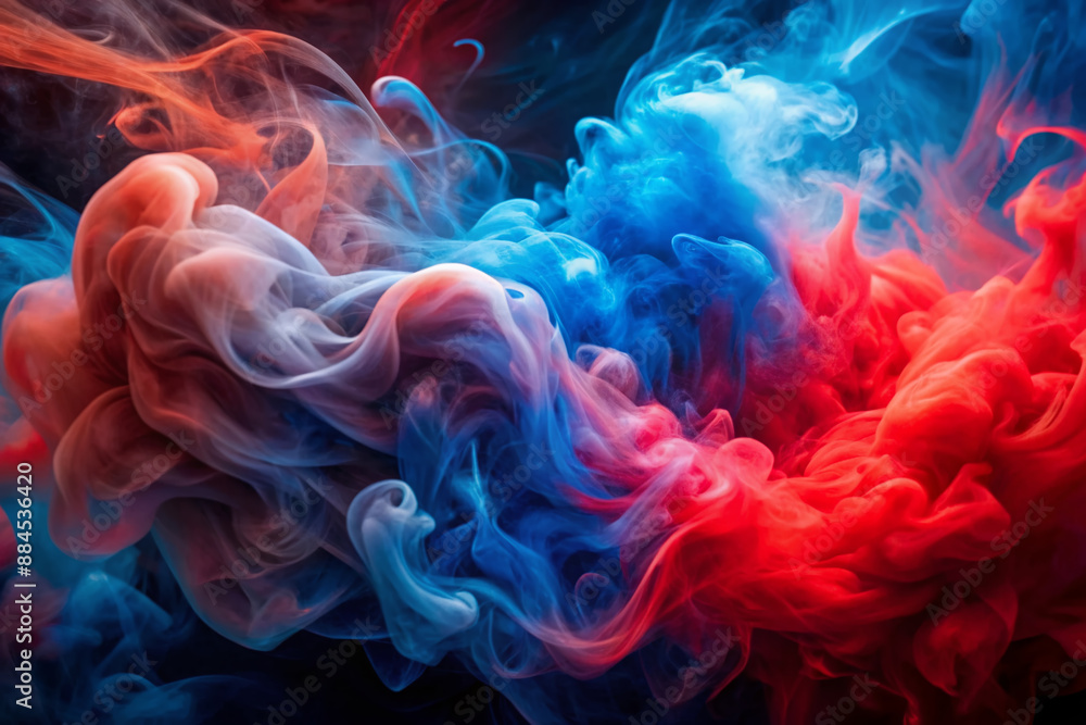 Vibrant red and blue smoke swirls together in an abstract dance, creating a mesmerizing, dreamlike atmosphere with soft, feathery textures and whispy tendrils. Vibrant red and blue smoke swirls together in an abstract dance, creating a mesmerizing, dreamlike atmosphere with soft, feathery textures and whispy tendrils.