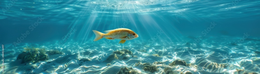 A single, colorful fish swimming gracefully in a vast expanse of clear blue water A single, colorful fish swimming gracefully in a vast expanse of clear blue water