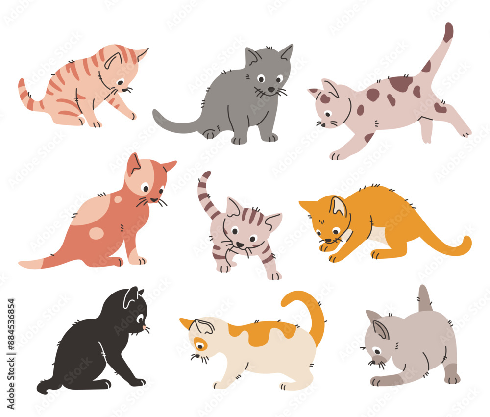 Set of cute playing diverse kittens. Vector cartoon illustration of cats isolated on white Set of cute playing diverse kittens. Vector cartoon illustration of cats isolated on white