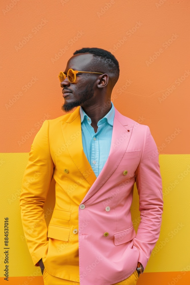Man In Yellow And Pink Suit Posing Against Colorful Wall Man In Yellow And Pink Suit Posing Against Colorful Wall
