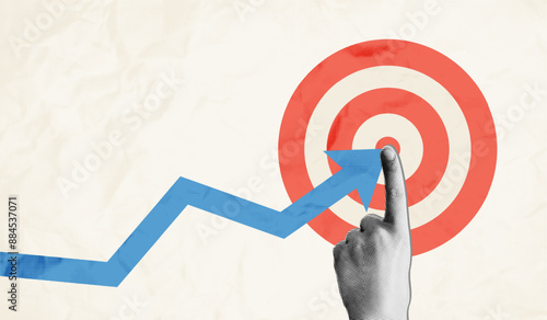 Achieve goal concept art collage. Rising arrow chart halftone hand pointing to center of dartboard. Business goal, achieve targets, success. Vector illustration on crumpled paper texture background