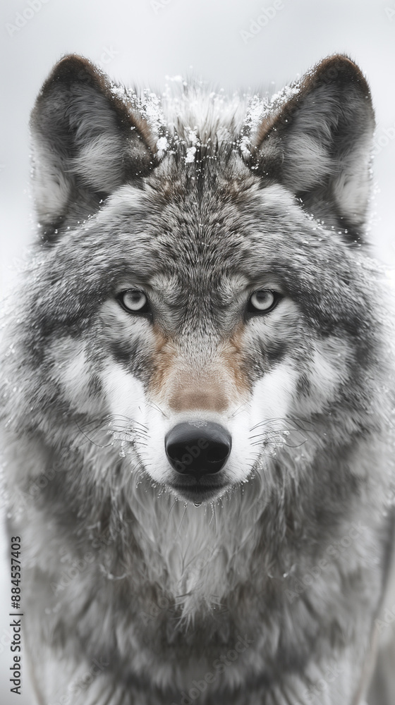 Fototapeta premium Majestic wolf standing in a snow covered landscape, its fur thick and white as it blends into the winter scenery