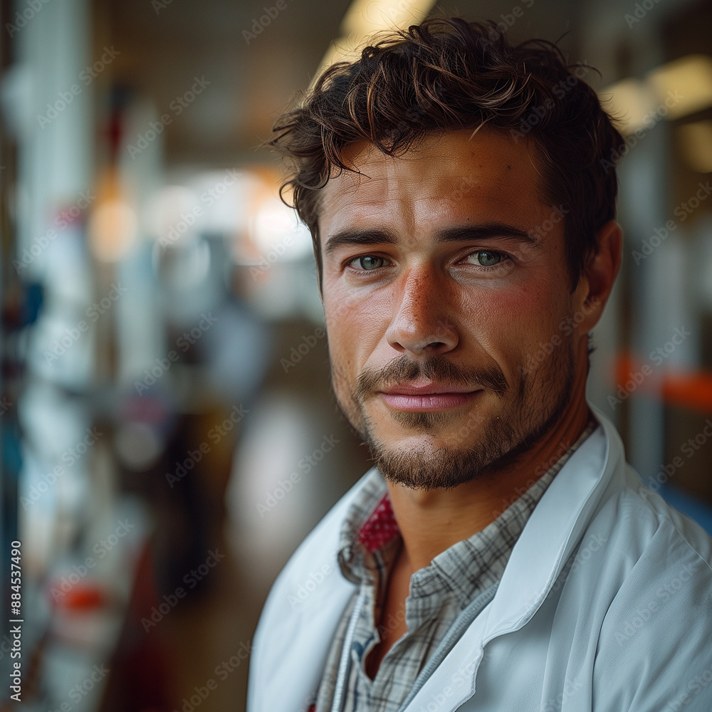 Obraz premium Image of a confident male doctor holding a stethoscope in a hospital.病院で聴診器を持つ自信に満ちた男性医師の画像。Generative AI