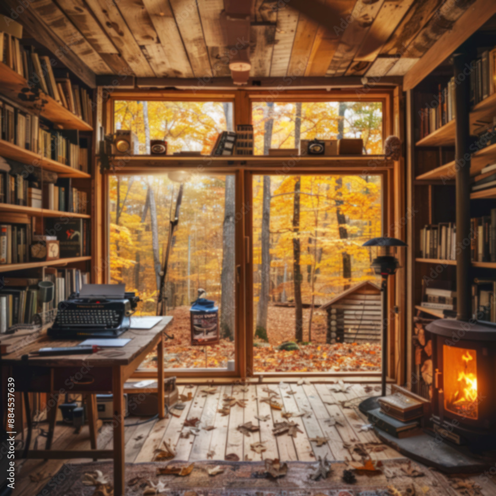 Blurred image of a cozy cabin with a fireplace in autumn Blurred image of a cozy cabin with a fireplace in autumn