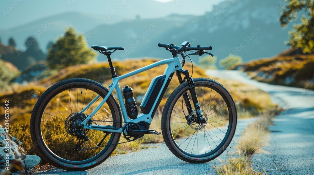 Modern Electric Bike on Scenic Mountain Trail - A sleek modern electric bike with a water bottle, parked on a scenic mountain trail, capturing the beauty of the landscape. Modern Electric Bike on Scenic Mountain Trail - A sleek modern electric bike with a water bottle, parked on a scenic mountain trail, capturing the beauty of the landscape.