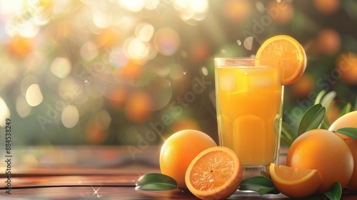 Glass of orange juice with oranges on blurred background