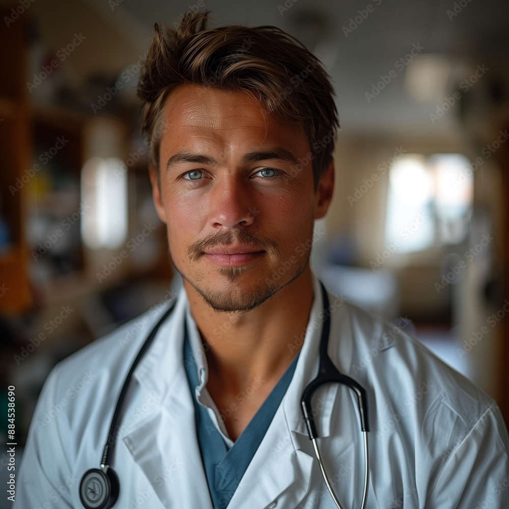 Image of a confident male doctor holding a stethoscope in a hospital.病院で聴診器を持つ自信に満ちた男性医師の画像。Generative AI Image of a confident male doctor holding a stethoscope in a hospital.病院で聴診器を持つ自信に満ちた男性医師の画像。Generative AI