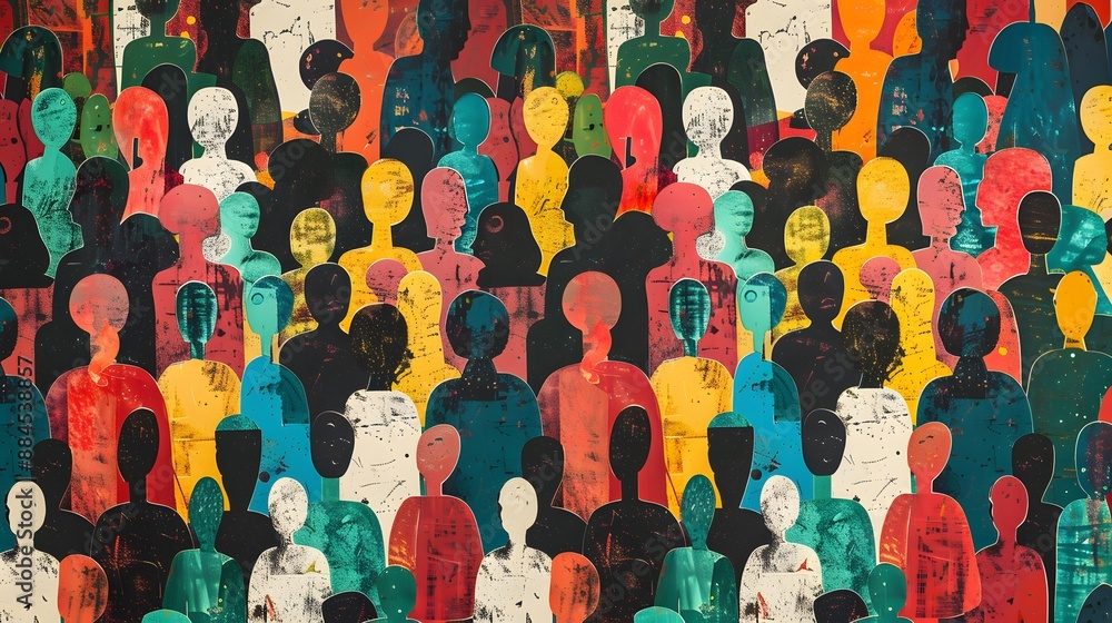Colorful diverse people crowd abstract art seamless pattern set. Multi-ethnic community, big cultural diversity group background illustration collection in modern collage painting style.