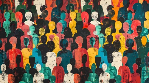 Obraz na płótnie Colorful diverse people crowd abstract art seamless pattern set. Multi-ethnic community, big cultural diversity group background illustration collection in modern collage painting style.
w salonie