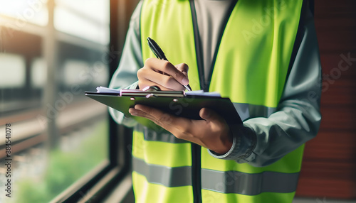 Person in hi-vis vest,writing on clipboard,indoor,natural light, safety inspection theme.