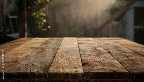 Rustic Wooden Tabletop In A Sunny Backyard Setting