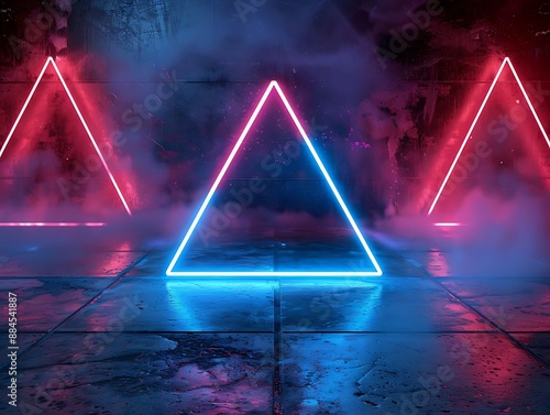 Glowing neon triangle in the center of a dark room with concrete floor, blue, red, and pink lights, futuristic design.