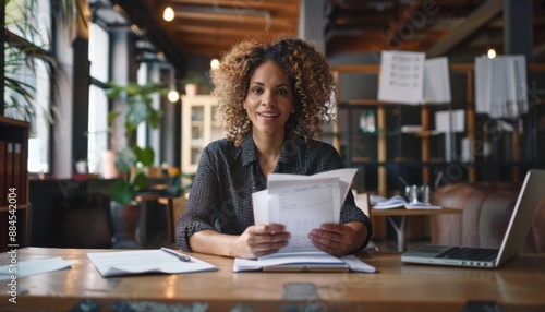 Woman Reviewing Documents at Modern Office Desk