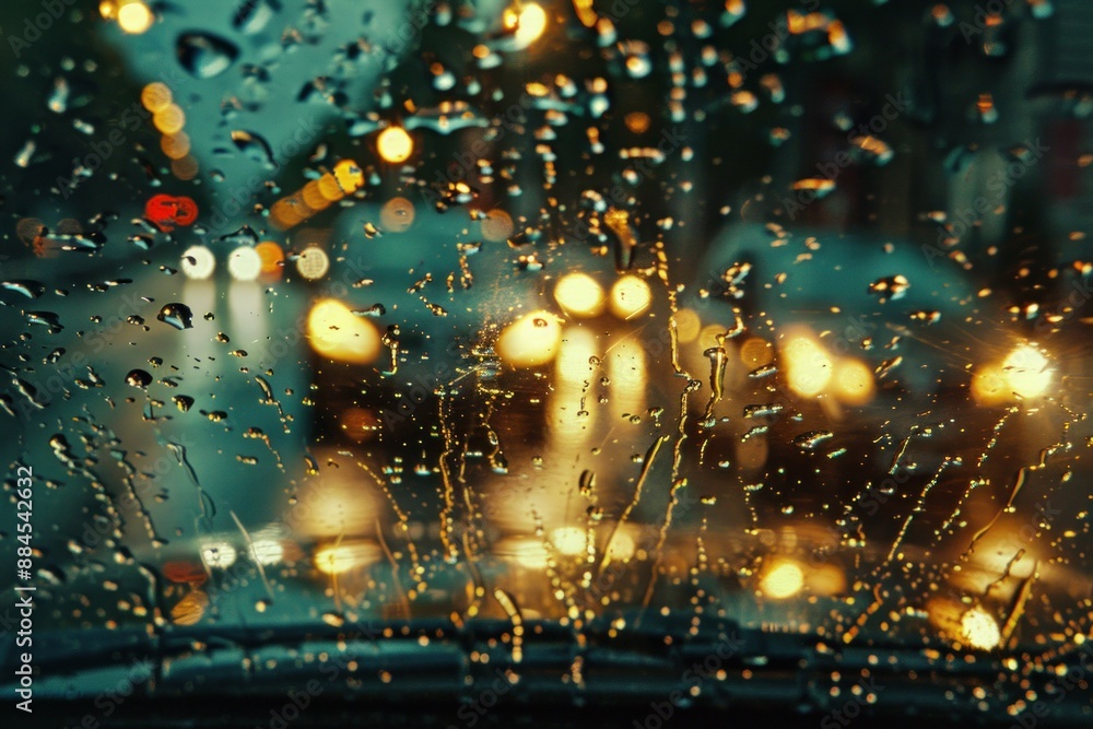 Closeup of rain droplets on a glass window with blurred city lights creating a bokeh effect Closeup of rain droplets on a glass window with blurred city lights creating a bokeh effect