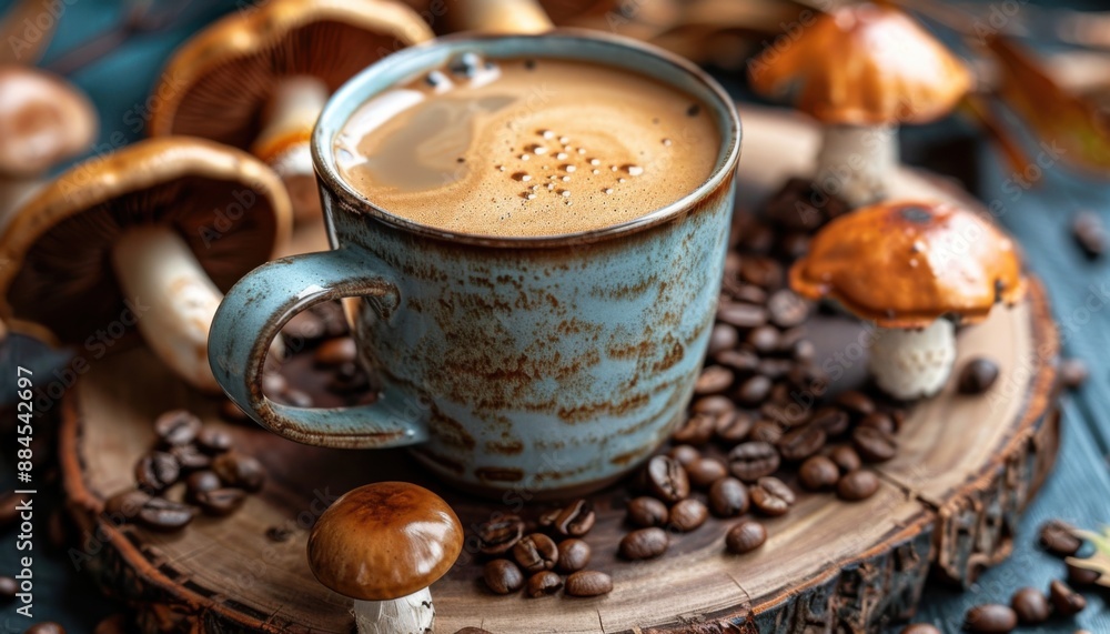 A Blue Mug of Coffee Surrounded by Mushrooms and Coffee Beans on a Wooden Slice A Blue Mug of Coffee Surrounded by Mushrooms and Coffee Beans on a Wooden Slice