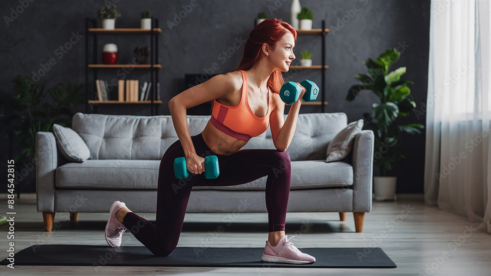 Home fitness workout beautiful redhead woman's home workout routine with dumbbell wearing sportswear Home fitness workout beautiful redhead woman's home workout routine with dumbbell wearing sportswear
